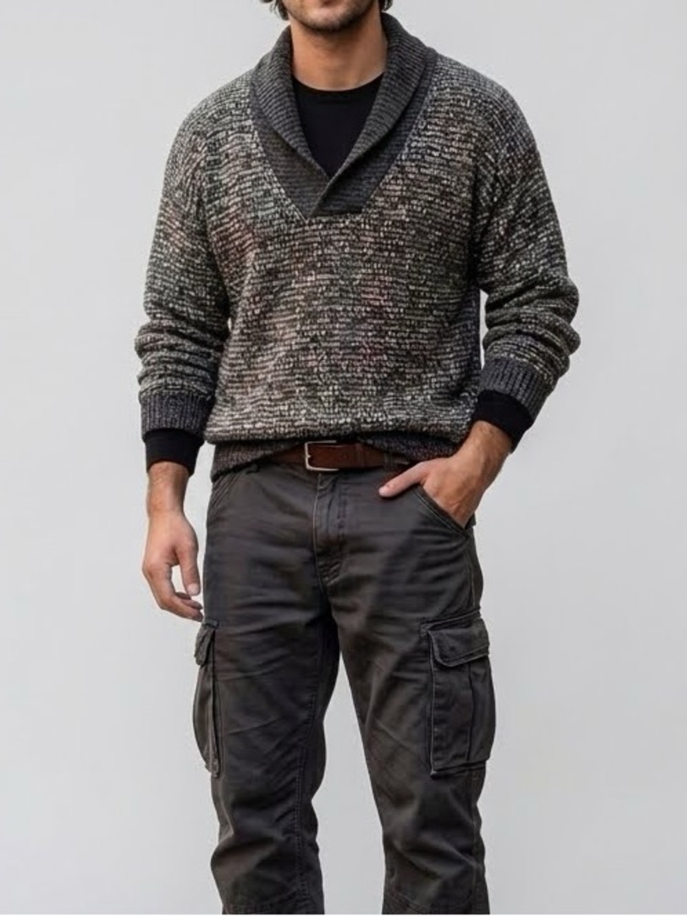 VTG Sears The Mens Store 80s Shawl Collar Sweater XL Black Gray Marled Grandpa
